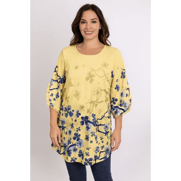 Yellow & Blue Floral Ruffle Dolman Tunic XL #1820-C8 - Picture 1 of 10